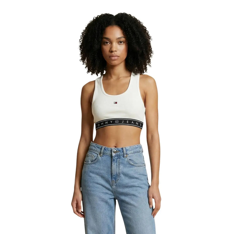 Tommy Hilfiger Jeans women sleeveless round neck white crop top with black band featuring the brand logo