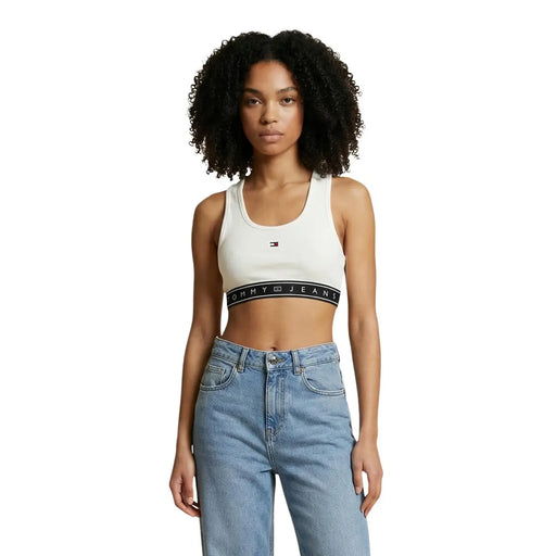 Tommy Hilfiger Jeans women sleeveless round neck white crop top with black band featuring the brand logo
