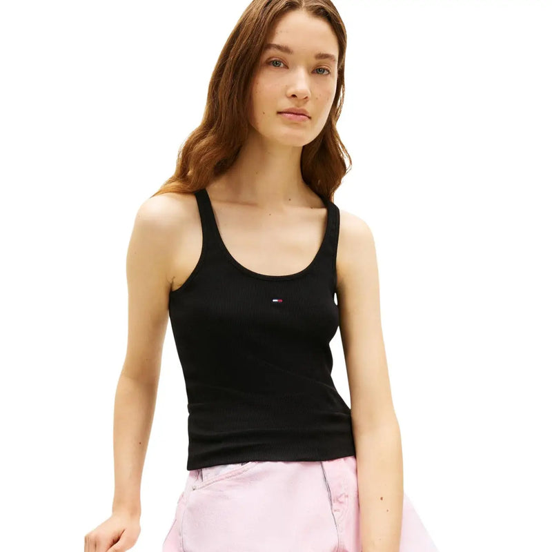 Black tommy hilfiger cotton tank top with round neck and small logo on chest for women jeans collection