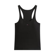 Black cotton ribbed racerback tank top with small Tommy Hilfiger logo on chest for women casual wear