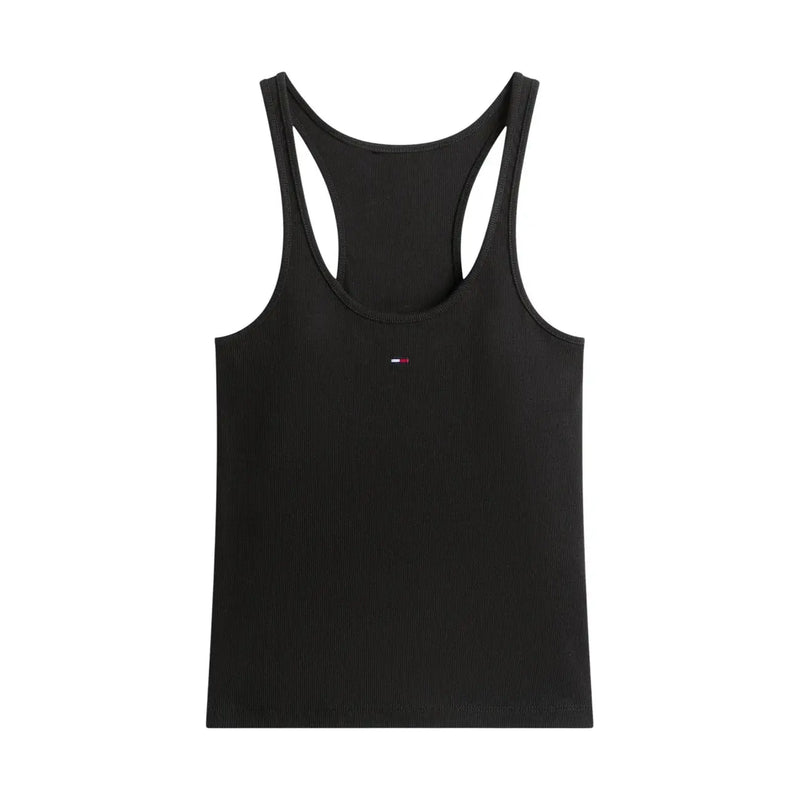 Black cotton ribbed racerback tank top with small Tommy Hilfiger logo on chest for women casual wear