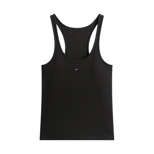 Black cotton ribbed racerback tank top with small Tommy Hilfiger logo on chest for women casual wear