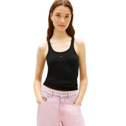 Black tommy hilfiger cotton tank top with round neck and small logo on the chest for women