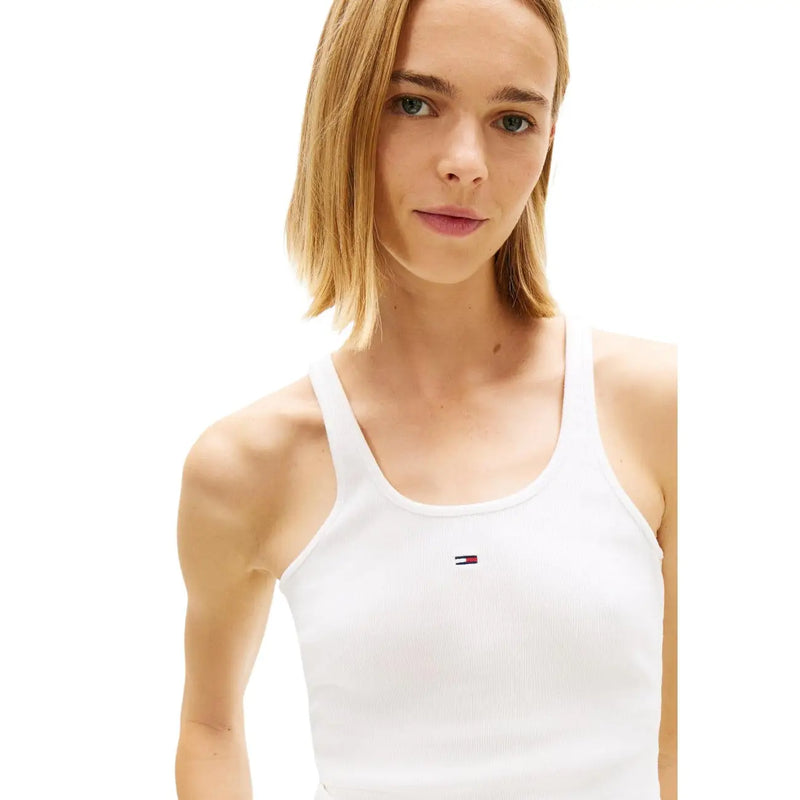 White ribbed cotton tank top with small Tommy Hilfiger logo on left chest for women casual wear