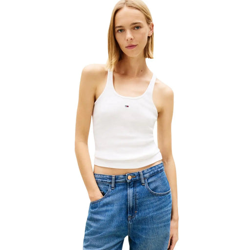 White cotton cropped tank top with small Tommy Hilfiger logo on chest suitable for casual wear