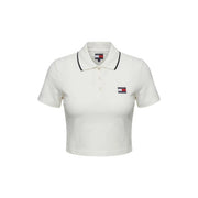 Tommy Hilfiger Jeans women white polo short sleeve top in cream with black collar trim and embroidered logo patch