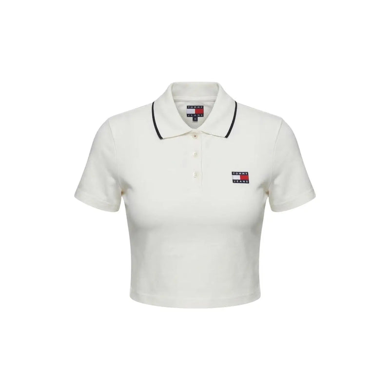 Tommy Hilfiger Jeans women white polo short sleeve top in cream with black collar trim and embroidered logo patch