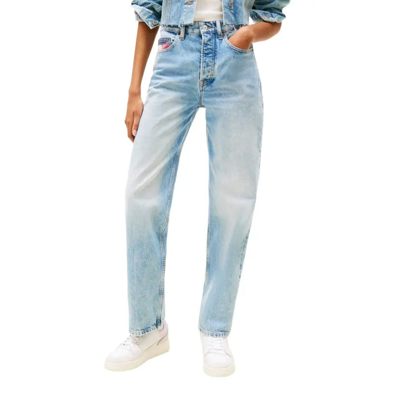 Light wash high-waisted relaxed-fit denim jeans with button fly from Tommy Hilfiger