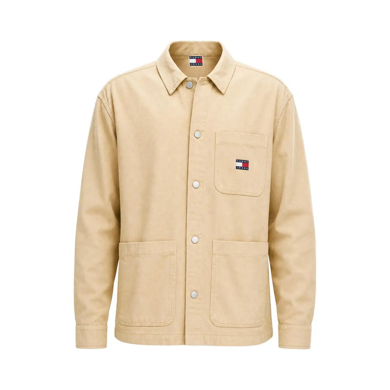 Beige Tommy Hilfiger Herren-Arbeitsjacke aus Bio-Baumwolle mit Kragen, Knopfleiste und zwei großen aufgesetzten Taschen
