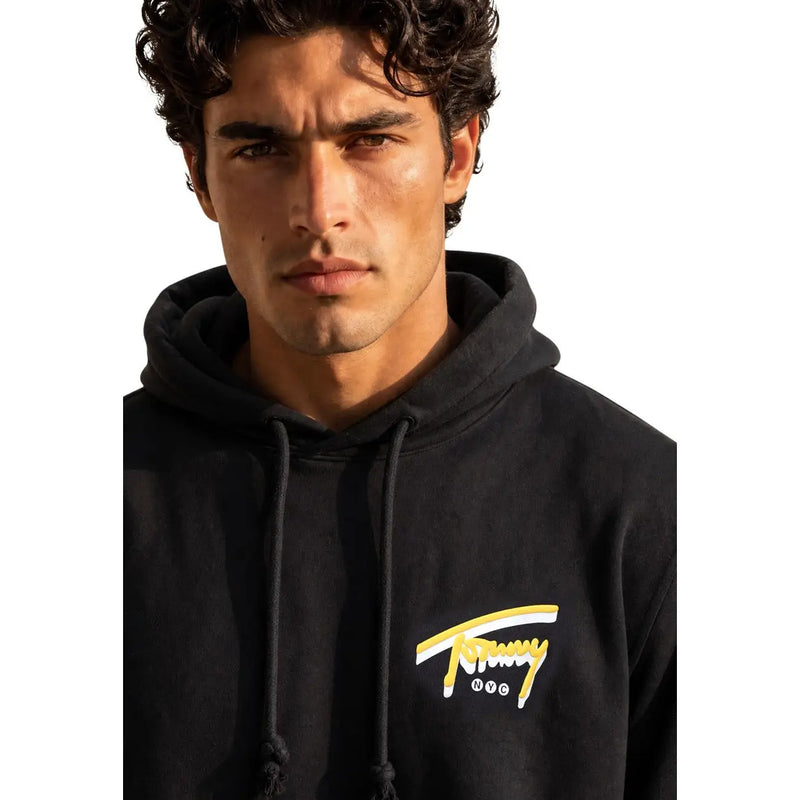 Tommy Hilfiger Schwarzer Herren-Hoodie aus Baumwolle mit gelb-weißem Logo auf der Brust