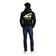 Schwarzer Tommy Hilfiger Herren-Baumwoll-Hoodie mit auffälligem gelb-weißem Logo auf der Rückseite