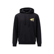 Tommy Hilfiger Schwarzer Herren-Hoodie aus Baumwolle mit goldenem Aufdruck auf der Brust und passenden Kordelzügen.