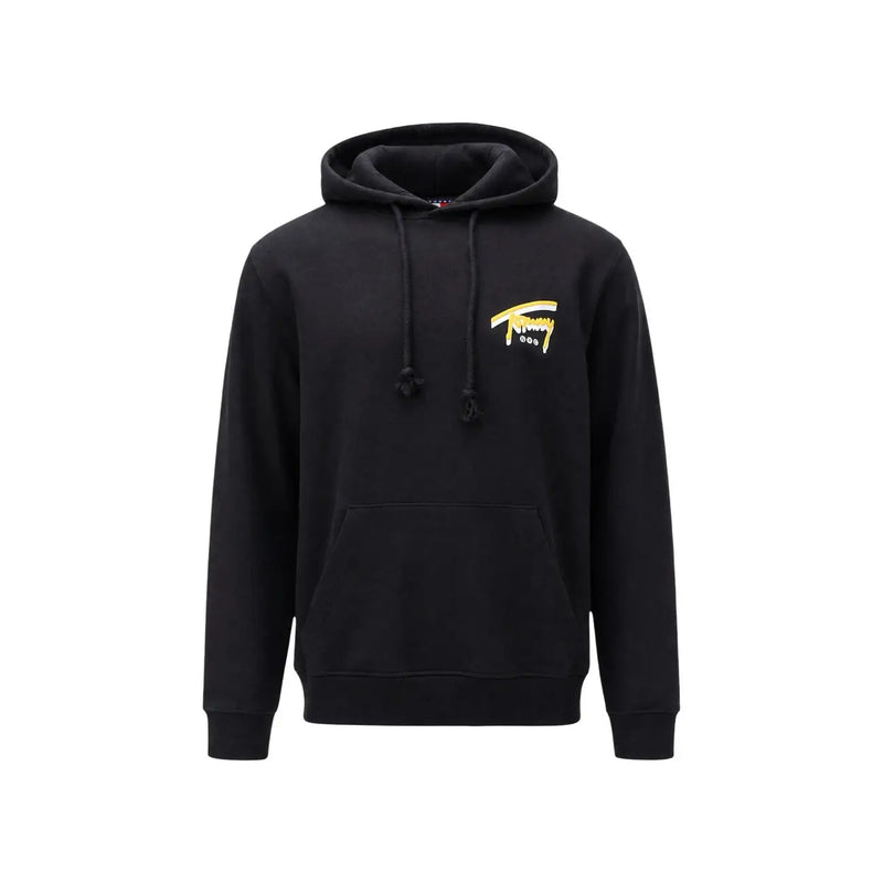 Tommy Hilfiger Schwarzer Herren-Hoodie aus Baumwolle mit goldenem Aufdruck auf der Brust und passenden Kordelzügen.