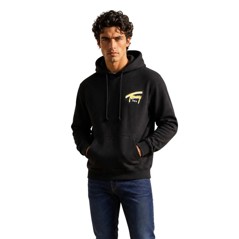 Tommy Hilfiger Schwarzer Herren-Hoodie aus Baumwolle mit goldenem Logo auf der Brust