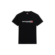 Tommy Hilfiger men black cotton t shirt with round neck and white and red logo across the chest