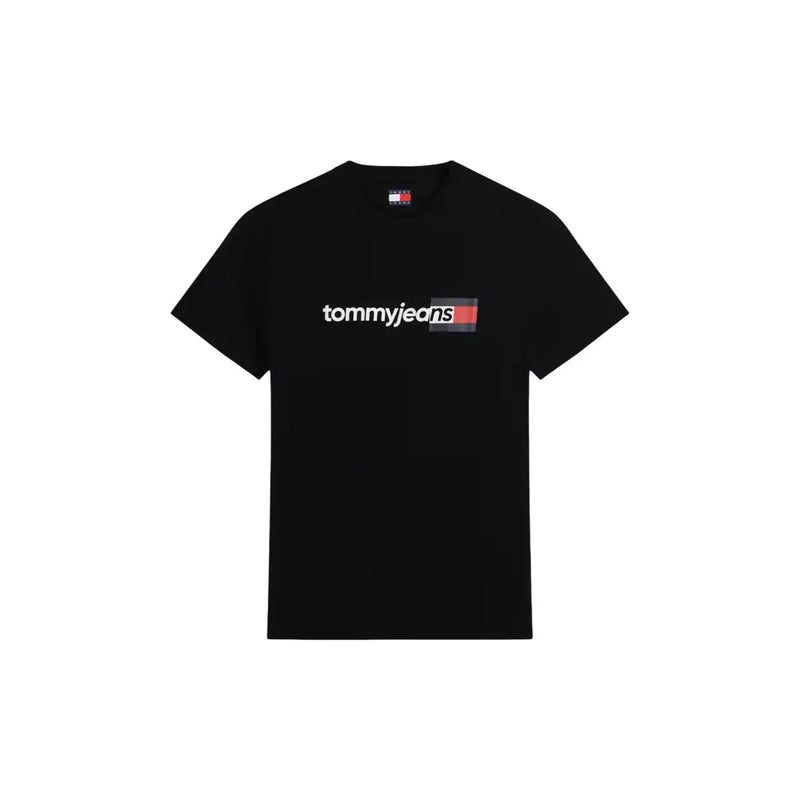 Tommy Hilfiger men black cotton t shirt with round neck and white and red logo across the chest