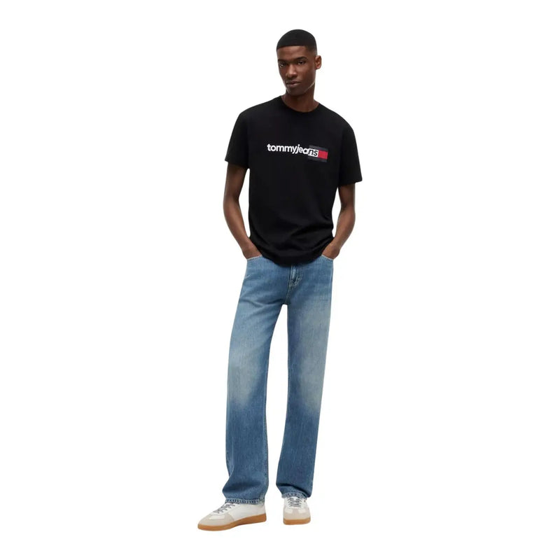 Tommy Hilfiger men black cotton t shirt with round neck and white and red logo on the chest