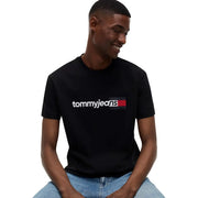 Tommy Hilfiger men black cotton t shirt with round neck and white and red logo across the chest