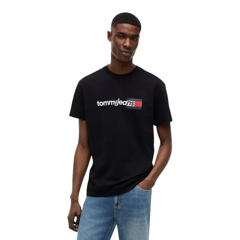 Tommy Hilfiger men black cotton t shirt with round neck and white and red logo on the chest