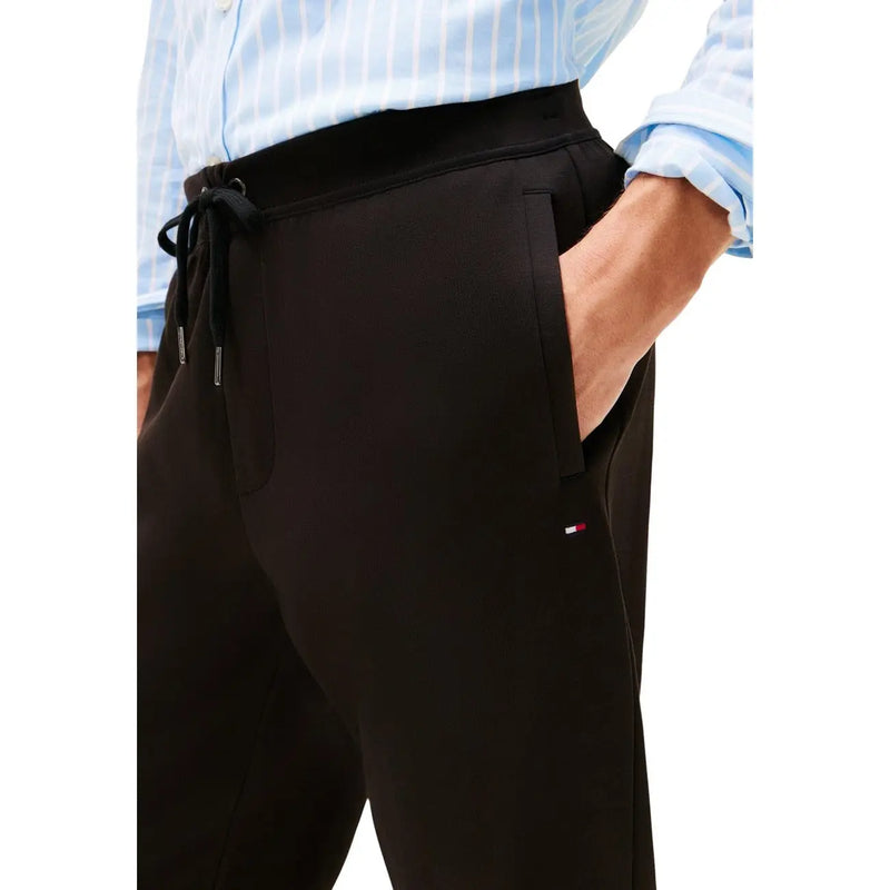 Tommy hilfiger men black cotton joggers with drawstring waistband and subtle logo on the leg
