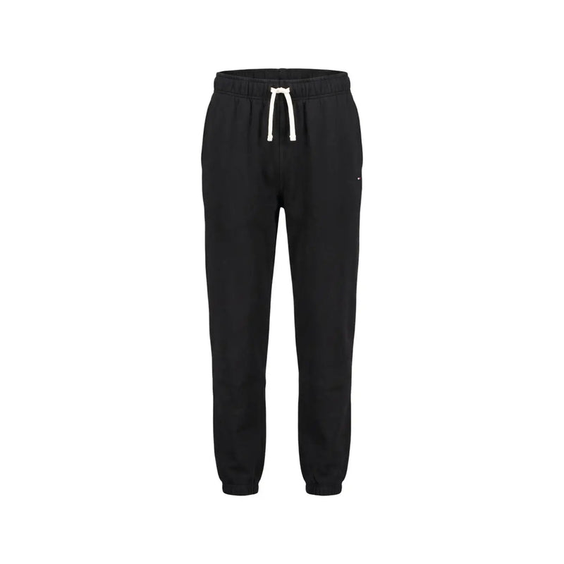 Tommy Hilfiger men black fleece trousers cotton blend with white drawstrings and logo on the thigh