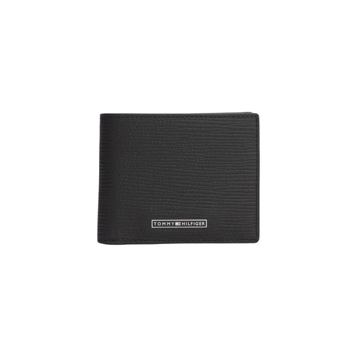 Tommy Hilfiger Portefeuille business pour homme en cuir noir, finition texturée et plaque logo argentée sur le devant