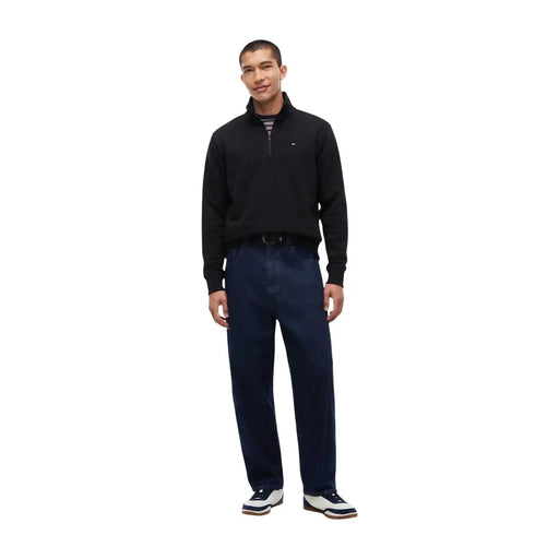 Tommy Hilfiger men black organic cotton half-zip pullover sweater with subtle chest logo for casual wear