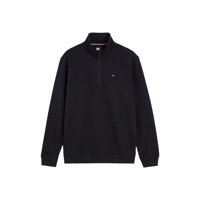 Tommy Hilfiger Schwarzes Herren-Fleece-Sweatshirt aus Bio-Baumwolle mit halbem Reißverschluss und kleinem, gesticktem Logo auf der Brust