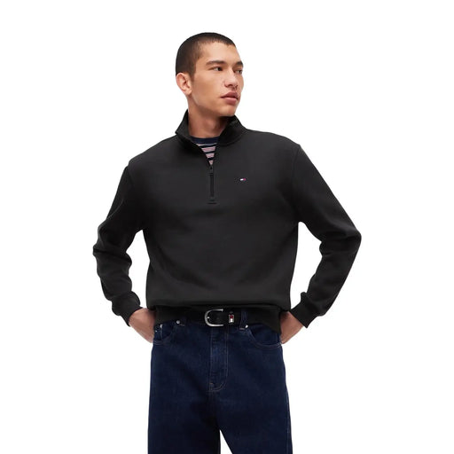 Black tommy hilfiger organic cotton quarter-zip pullover with subtle chest logo for men
