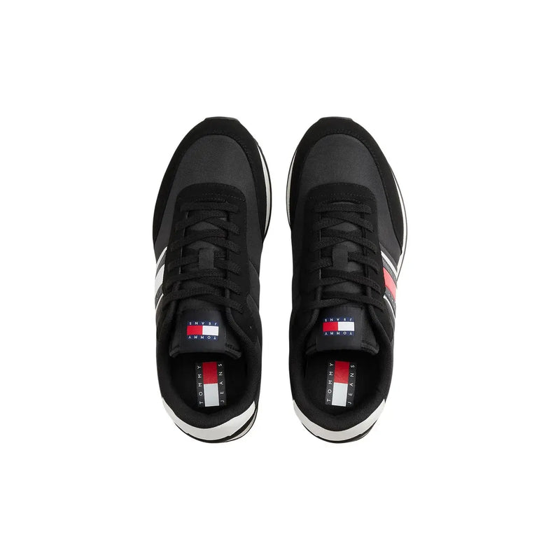 Tommy Hilfiger Schwarze Herren-Sneaker aus Polyester mit klassischem Sportdesign und weißen und roten Streifen