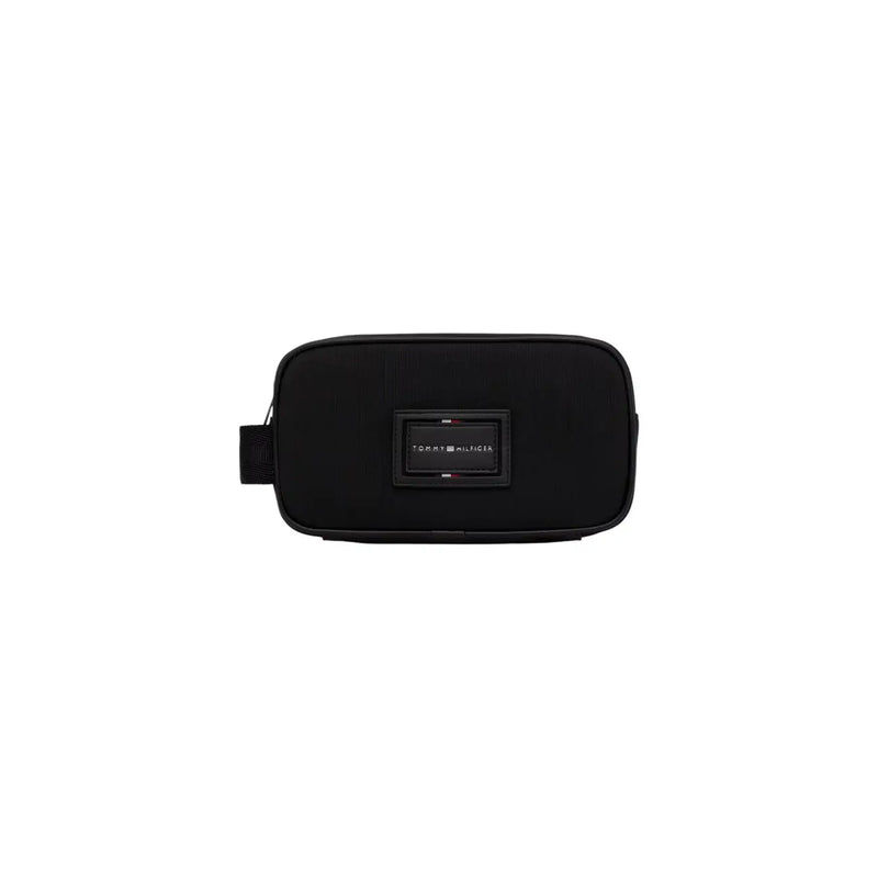 Tommy Hilfiger men black polyurethane toiletry bag with sleek rectangular design and subtle front brand plaque
