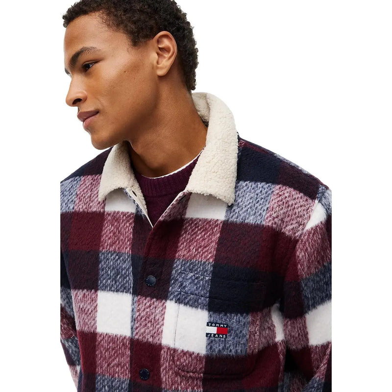 Tommy Hilfiger Herrenblazer, blauer Polyester-Winterblazer mit bordeauxrotem, marineblauem und weißem Flanellkaromuster und cremefarbenem Shearling-Kragen
