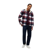 Tommy Hilfiger Herrenblazer aus blauem Polyester mit bordeauxrotem, marineblauem und weißem kariertem Shearling-Futter für den Winter