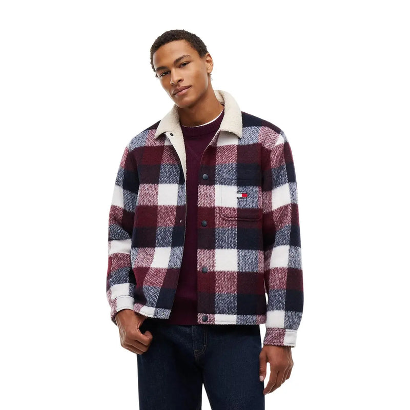 Tommy Hilfiger Herrenblazer aus bordeauxrotem, marineblauem und weißem kariertem Polyester mit Shearling-Kragen für den Winter
