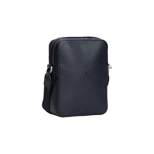 Schwarze, genarbte Leder-Umhängetasche mit silbernem Reißverschluss und verstellbarem Riemen, Modell „Tommy Hilfiger Herren Central Mini Reporter Bag“, blau, 20 cm.