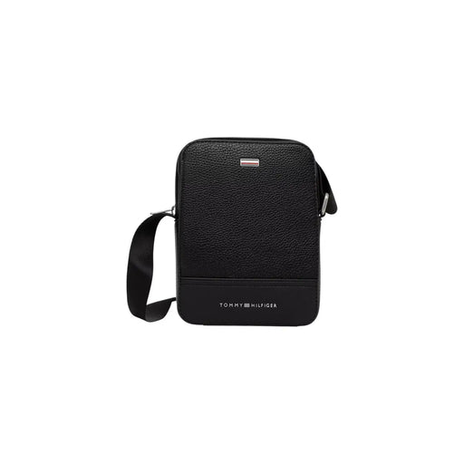 Black textured leather crossbody bag with silver-tone hardware and Tommy Hilfiger branding for men 20cm
