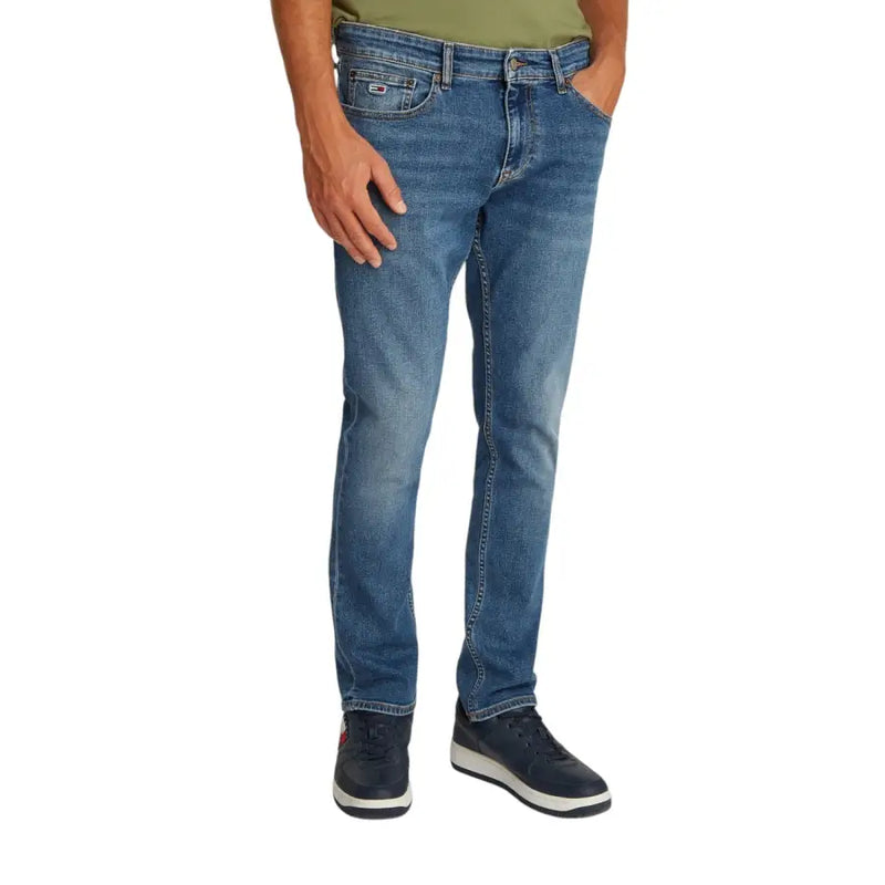 Back side of tommy hilfiger men blue cotton stretch slim fit jeans with faded wash and logo on back pocket