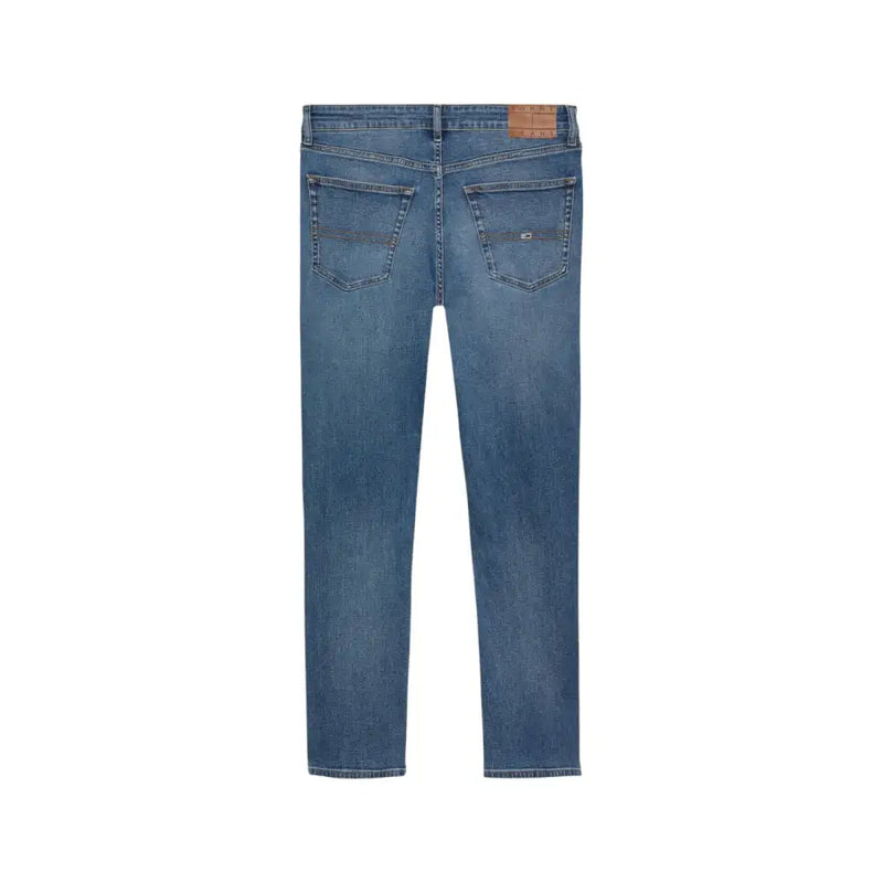 Tommy Hilfiger men blue cotton stretch slim fit jeans with brown leather brand patch and subtle stitching details