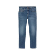 Blue cotton stretch jeans for men by Tommy Hilfiger with classic straight-leg cut and subtle fading waistband logo