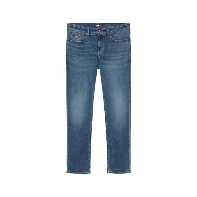 Blue cotton stretch jeans for men by Tommy Hilfiger with classic straight-leg cut and subtle fading waistband logo