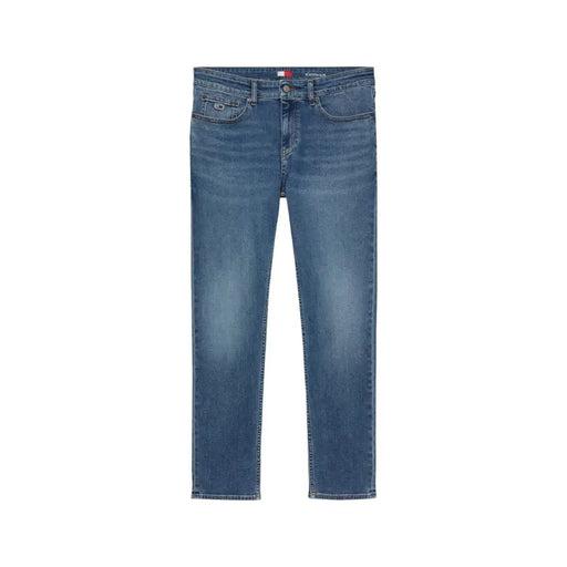 Blue cotton stretch jeans for men by Tommy Hilfiger with classic straight-leg cut and subtle fading waistband logo