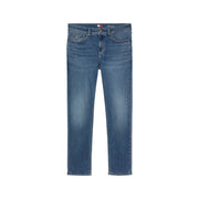 Blue cotton stretch jeans for men by Tommy Hilfiger with classic straight-leg cut and subtle fading waistband logo