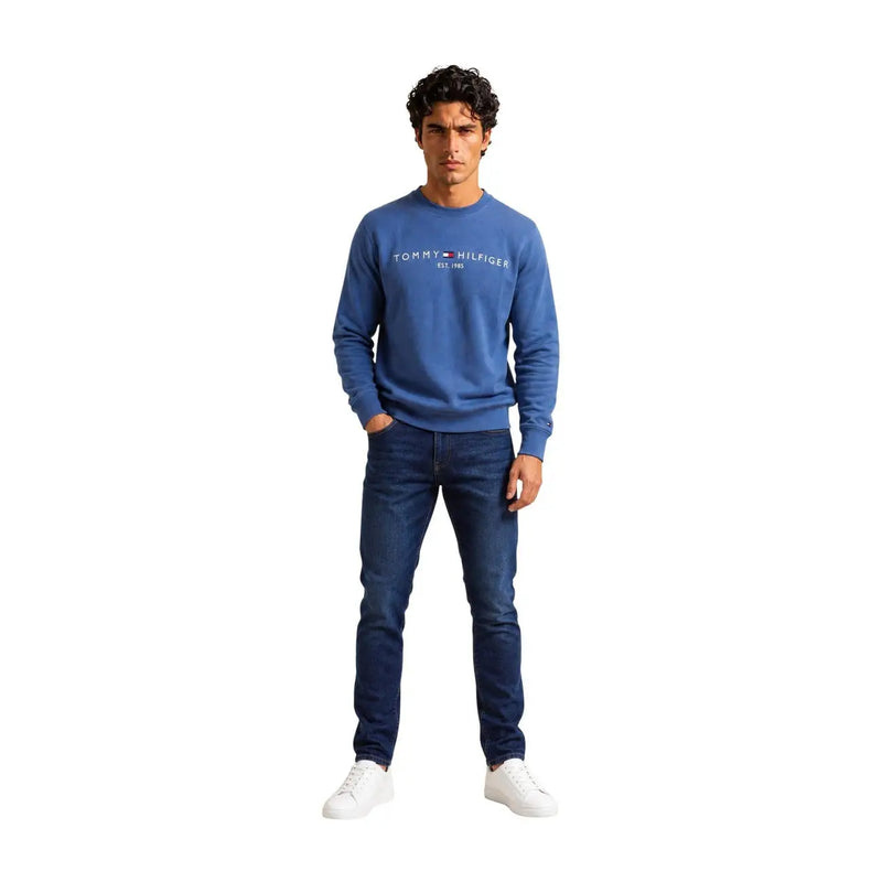 Tommy Hilfiger Herren-Sweatshirt aus blauer Baumwolle mit weißem Logo und Schriftzug auf der Brust