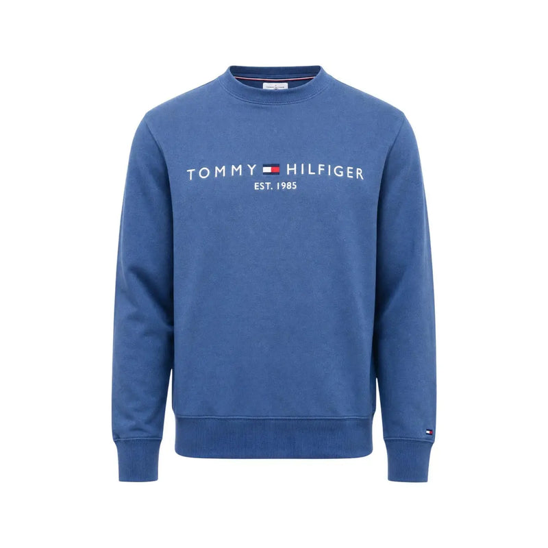 Tommy Hilfiger Herren-Sweatshirt aus blauer Baumwolle mit weißem Logo und rot-weiß-blauem Flaggenemblem auf der Vorderseite