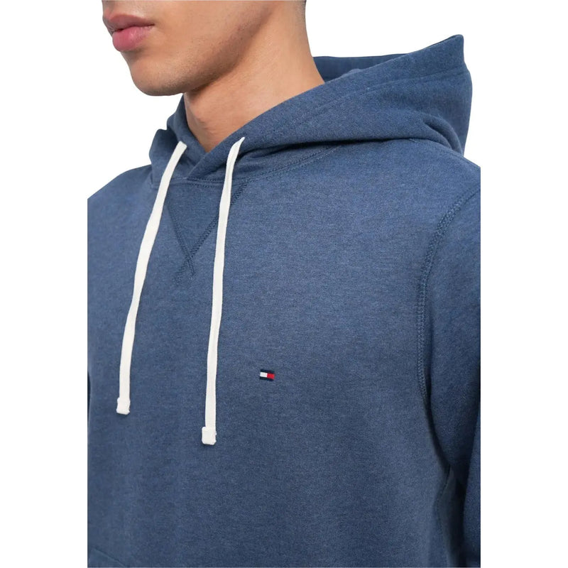 Tommy Hilfiger Herren-Sweatshirt aus blauer Baumwolle mit melierter Struktur, weißen Kordelzügen und kleinem gesticktem Logo auf der Brust