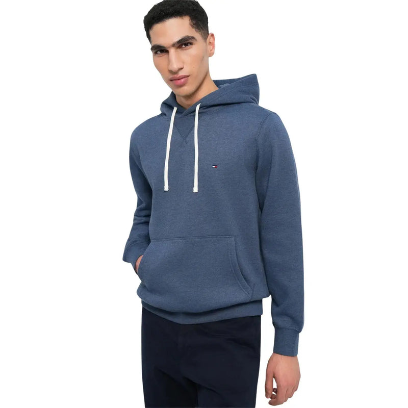 Tommy Hilfiger Herren-Sweatshirt aus blauer Baumwolle mit marineblauer Kapuze, weißen Kordelzügen und kleinem Brustlogo