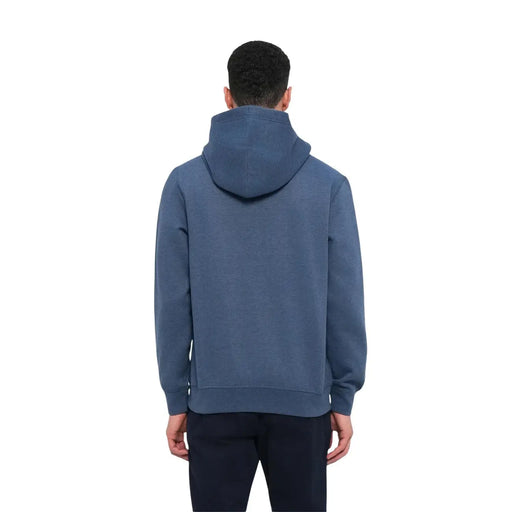 Tommy Hilfiger men blue cotton sweatshirt with navy hood, soft textured fabric, and ribbed cuffs