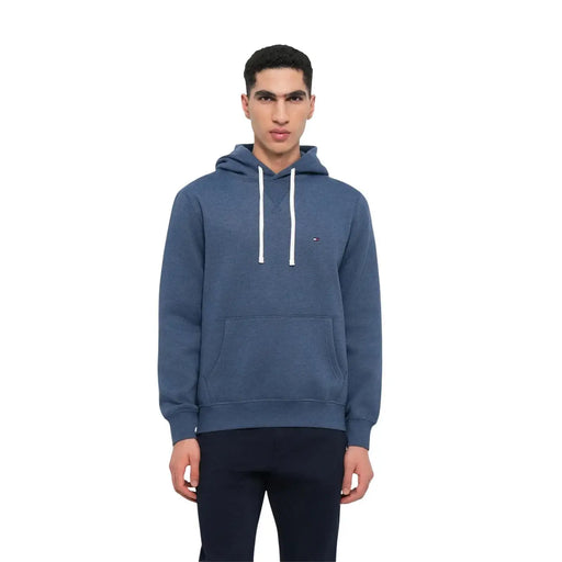Tommy Hilfiger men blue cotton hoodie with white drawstrings and small logo on the chest