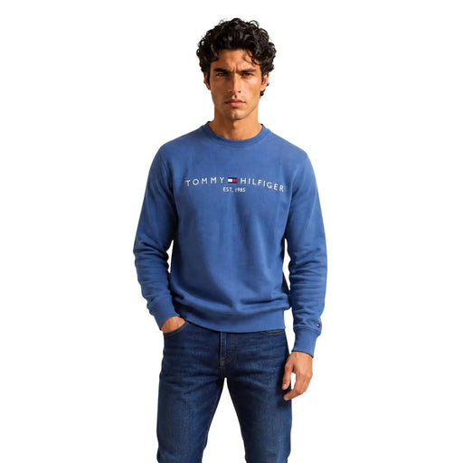 Tommy Hilfiger men blue cotton sweatshirt with white logo and flag emblem across the chest