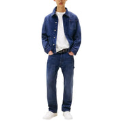 Tommy hilfiger men blue organic cotton jeans paired with dark blue denim jacket with button closures and chest pocket